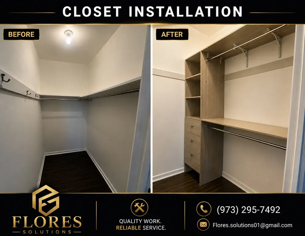 Closet installation before and after by Flores Solutions